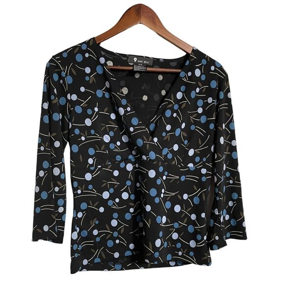 Vintage Nine West Womens Black Blue Abstract Y2K Vneck Stretch Blouse Medium - Picture 1 of 5